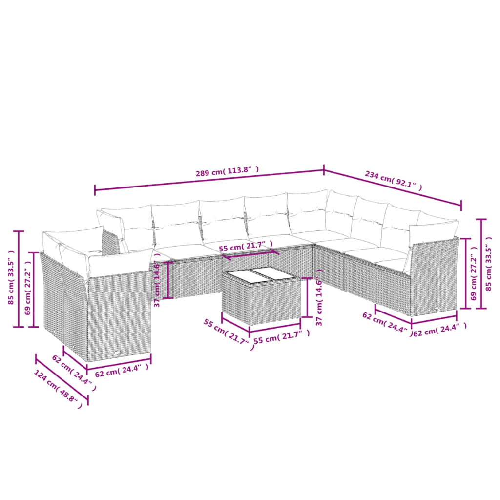10-teiliges Gartensofa-Set mit Kissen, schwarzes Polyrattan