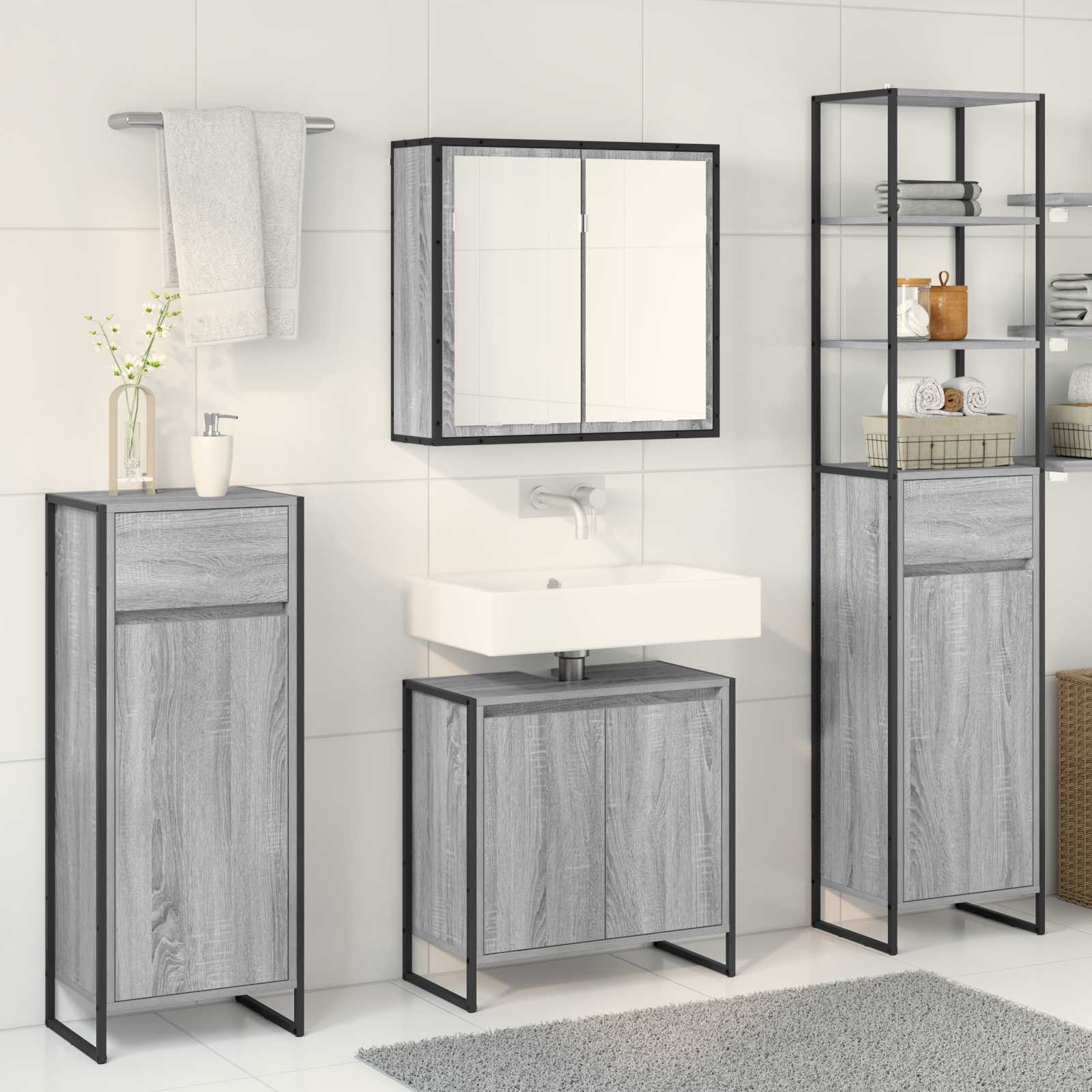 Badezimmermöbel-Set mit Tür Schwarz Eichen-Optik Holzwerkstoff