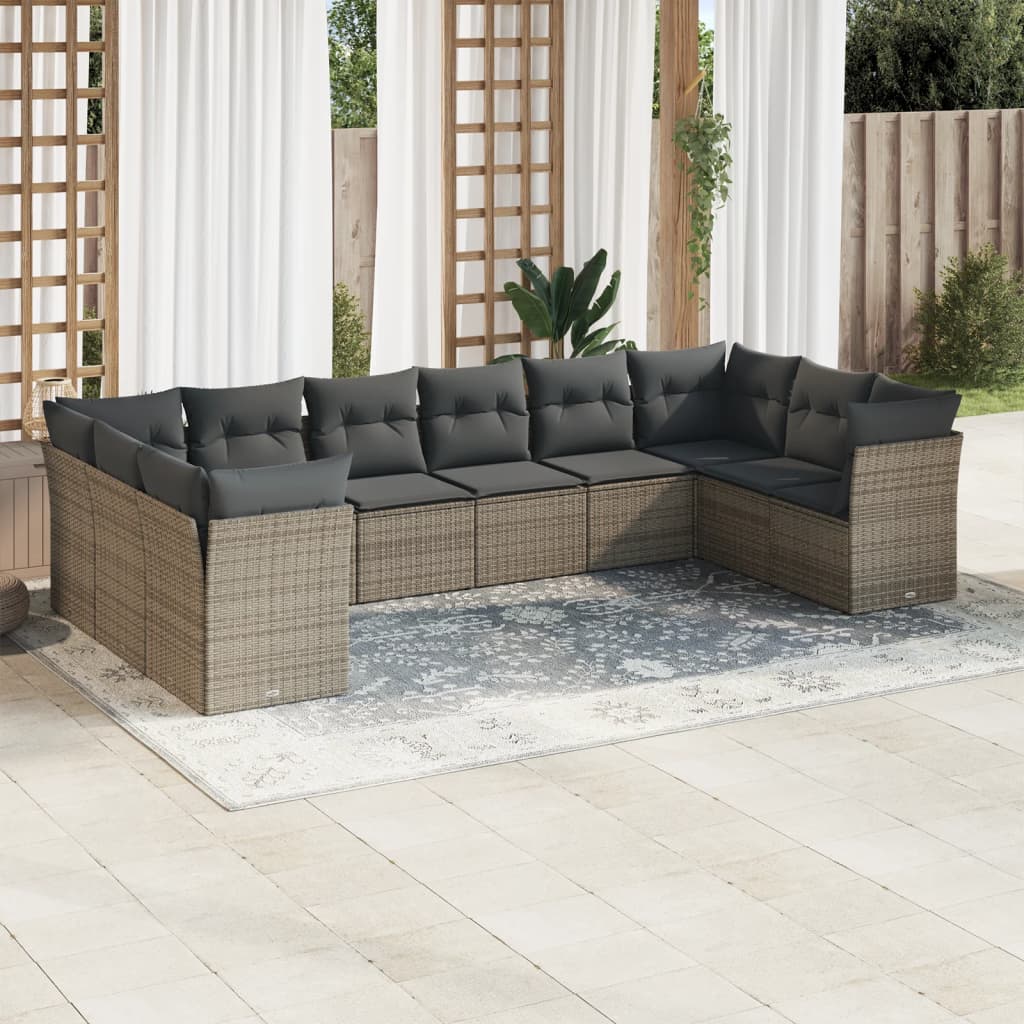 10-tlg. Garten-Sofagarnitur mit Kissen Schwarz Poly Rattan