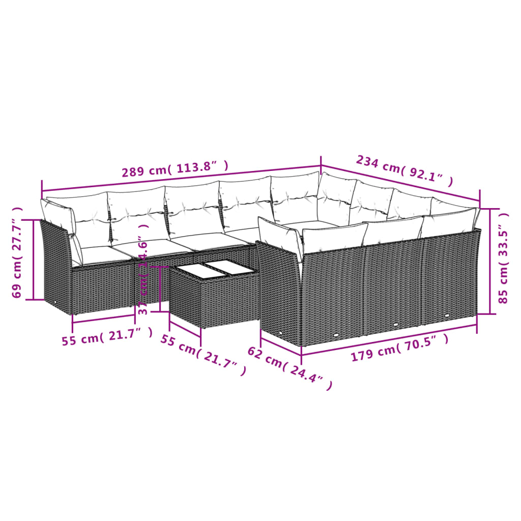 10-tlg. Garten-Sofagarnitur mit Kissen Schwarz Poly Rattan