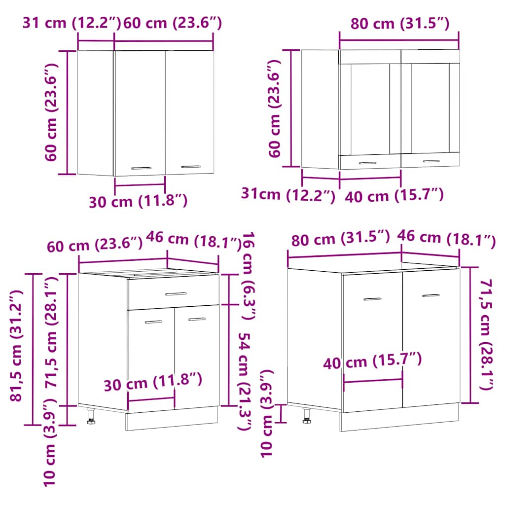 4-tlg. Küchenzeile Lyon Weiß Holzwerkstoff