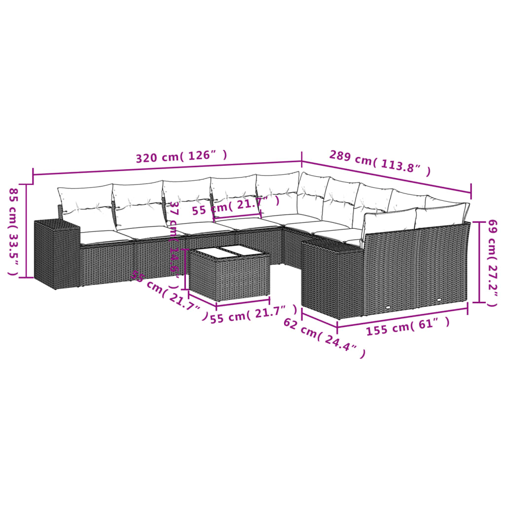 10-tlg. Garten-Sofagarnitur mit Kissen Schwarz Poly Rattan