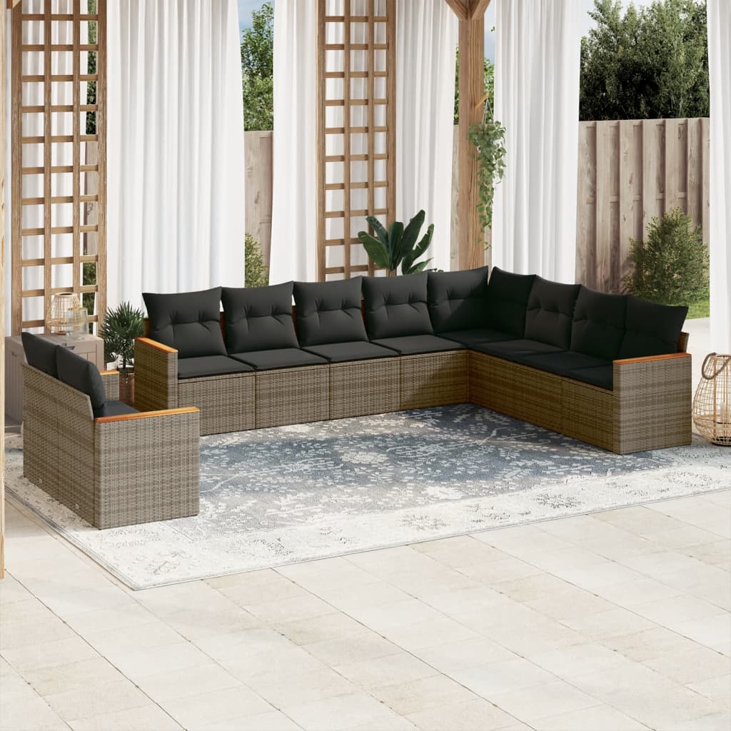 10-tlg. Garten-Sofagarnitur mit Kissen Schwarz Poly Rattan