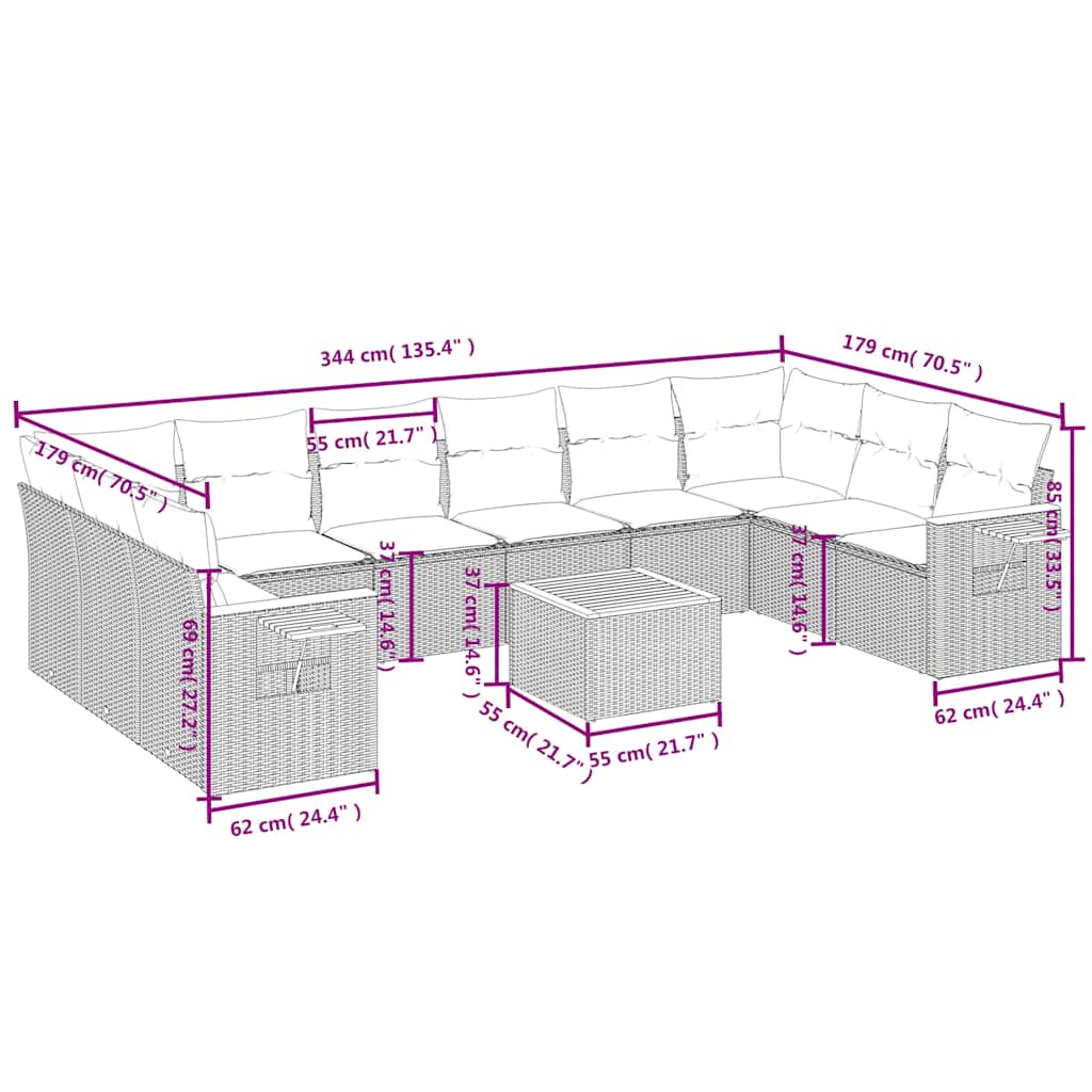 10-tlg. Garten-Sofagarnitur mit Kissen Schwarz Poly Rattan