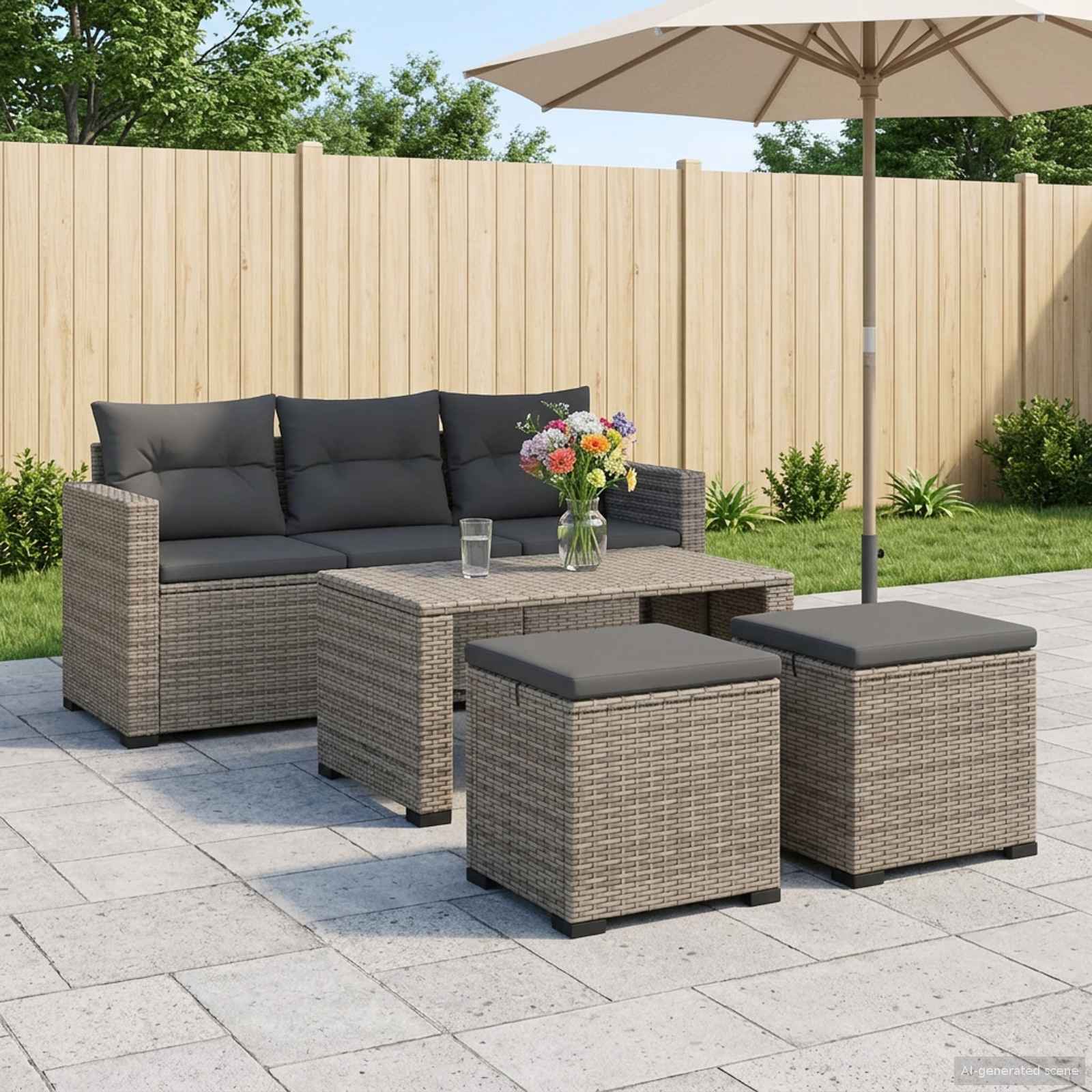 Hocker mit Kissen Schwarz 40x30x40 cm Poly Rattan