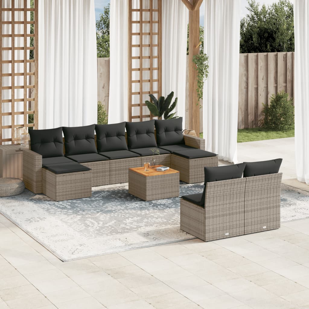 10-tlg. Garten-Sofagarnitur mit Kissen Schwarz Poly Rattan