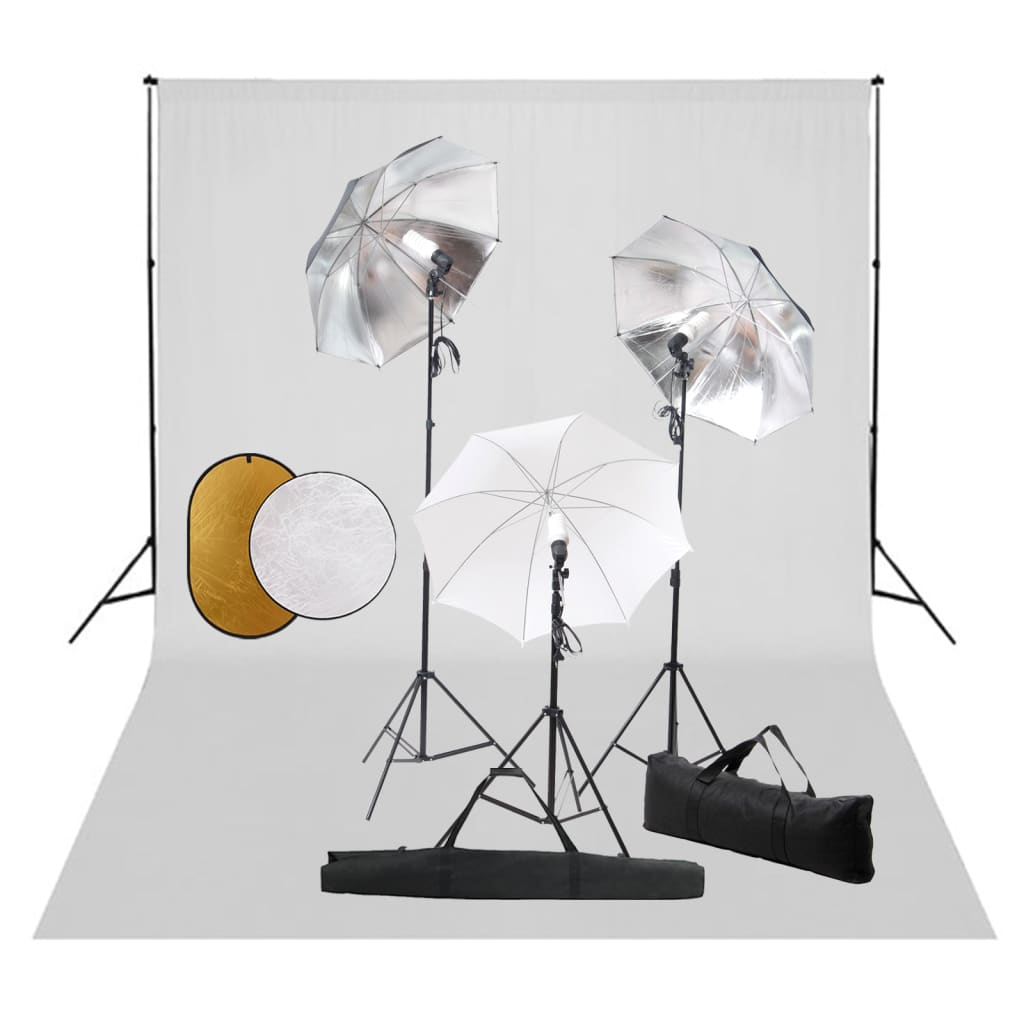 Fotostudio-Set mit Leuchten, Schirmen, Hintergrund, Reflektor