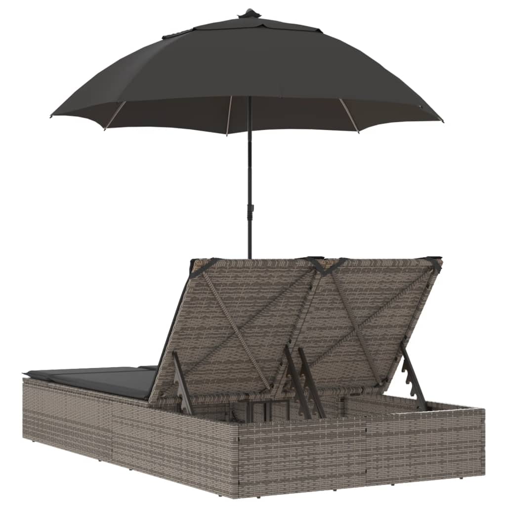 Doppel-Sonnenliege mit Kissen&Sonnenschirm Schwarz Poly Rattan