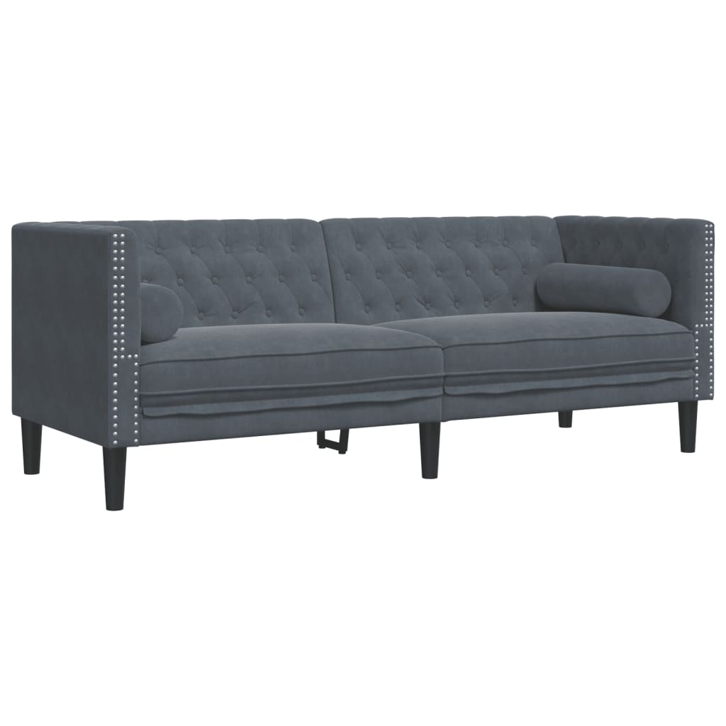 3-tlg. Chesterfield-Sofa-Set mit Nackenrollen Hellgrau Samt