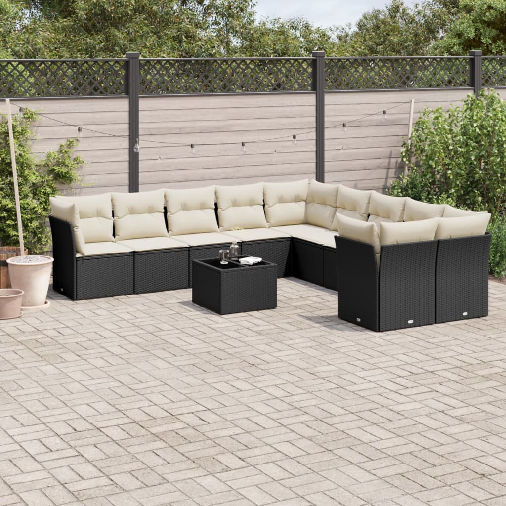 10-tlg. Garten-Sofagarnitur mit Kissen Schwarz Poly Rattan
