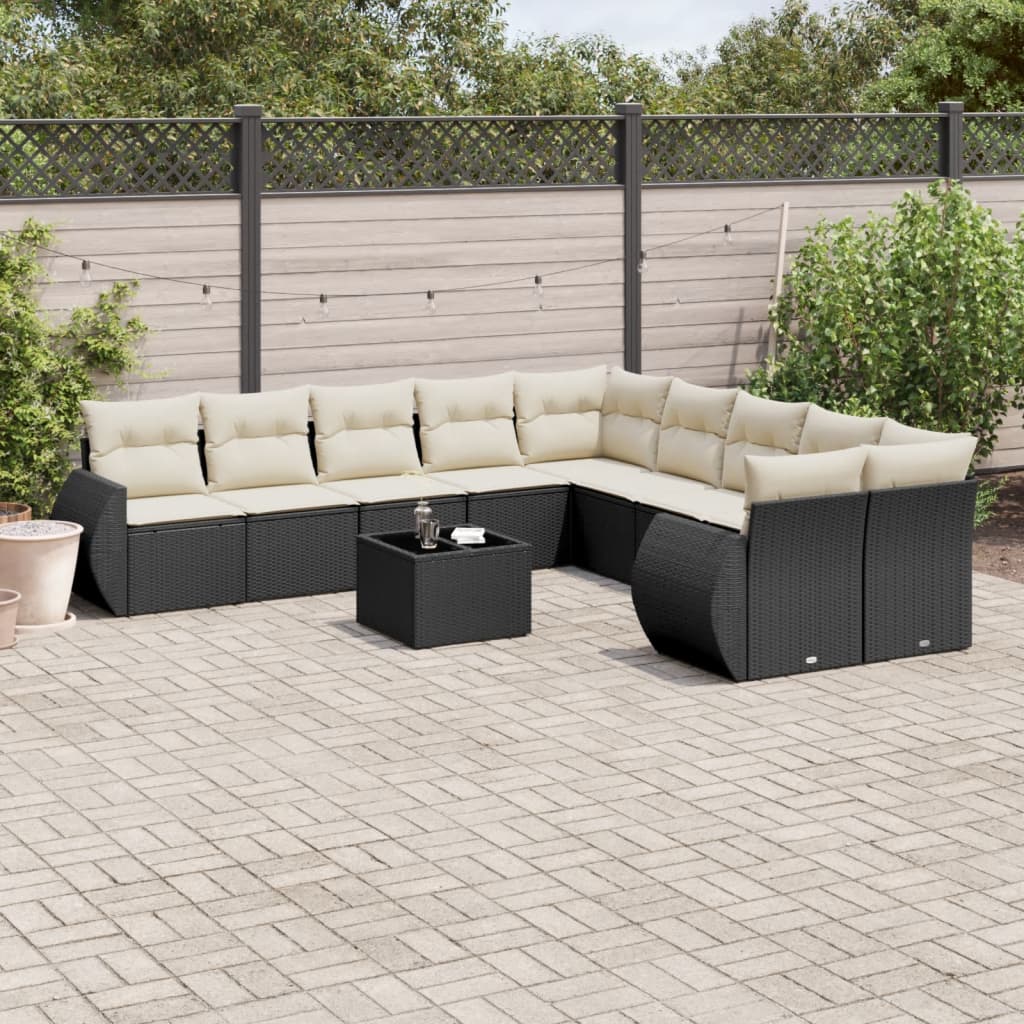 10-tlg. Garten-Sofagarnitur mit Kissen Schwarz Poly Rattan
