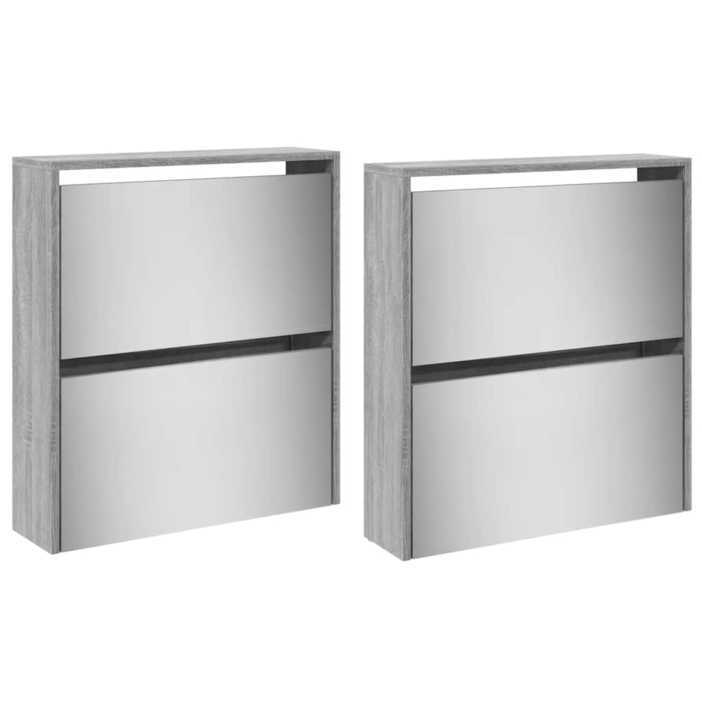 Schuhschrank mit 4 Fächern Spiegel Eiche 63×17×134 cm