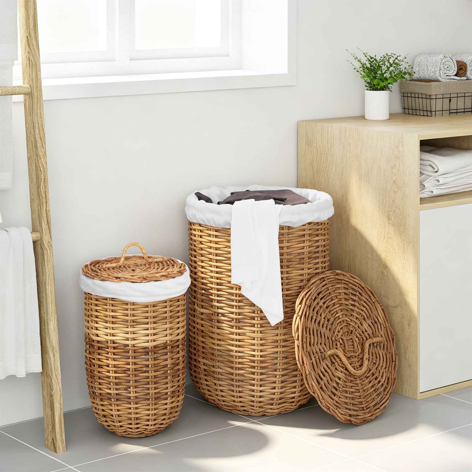 Wäschekorb mit Deckel 2 pcs Natürliches Grau Kubu Rattan