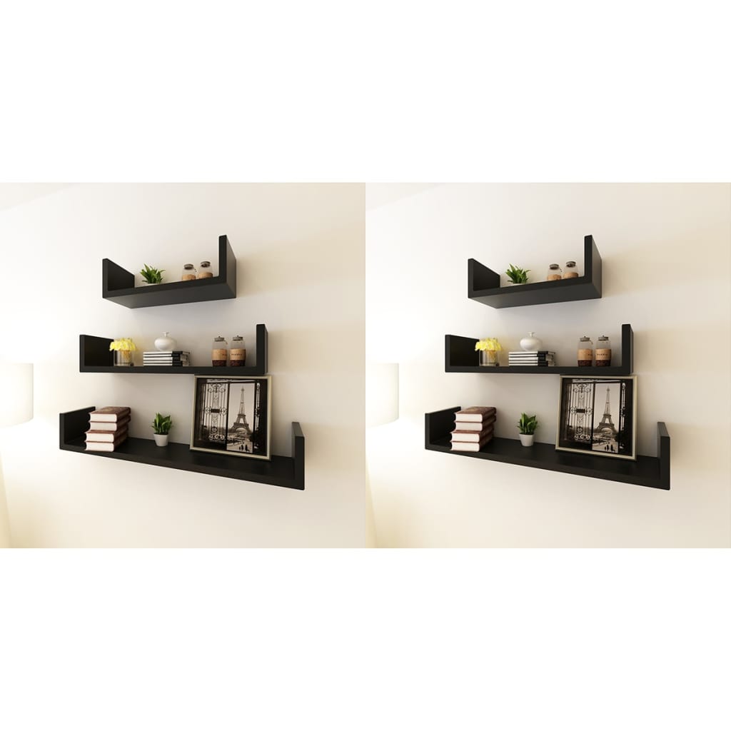 3-tlg. Wandregal-Set U-Form für Bücher DVD MDF Schwarz