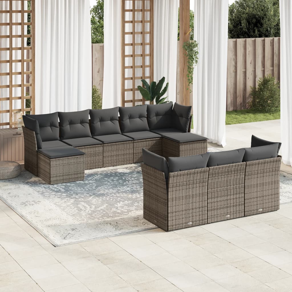 10-tlg. Garten-Sofagarnitur mit Kissen Schwarz Poly Rattan