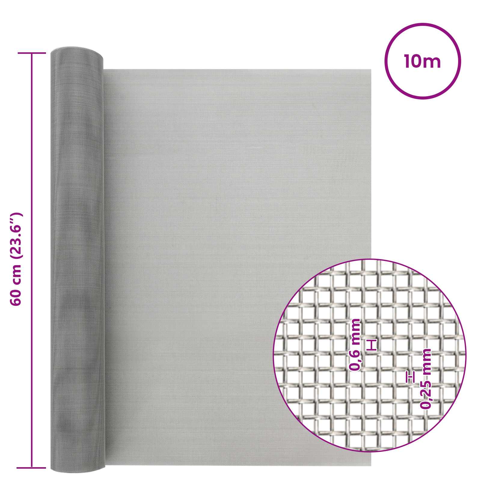 Mesh Bildschirm 20 x 500 cm 20 Mesh Edelstahl 201 Silber
