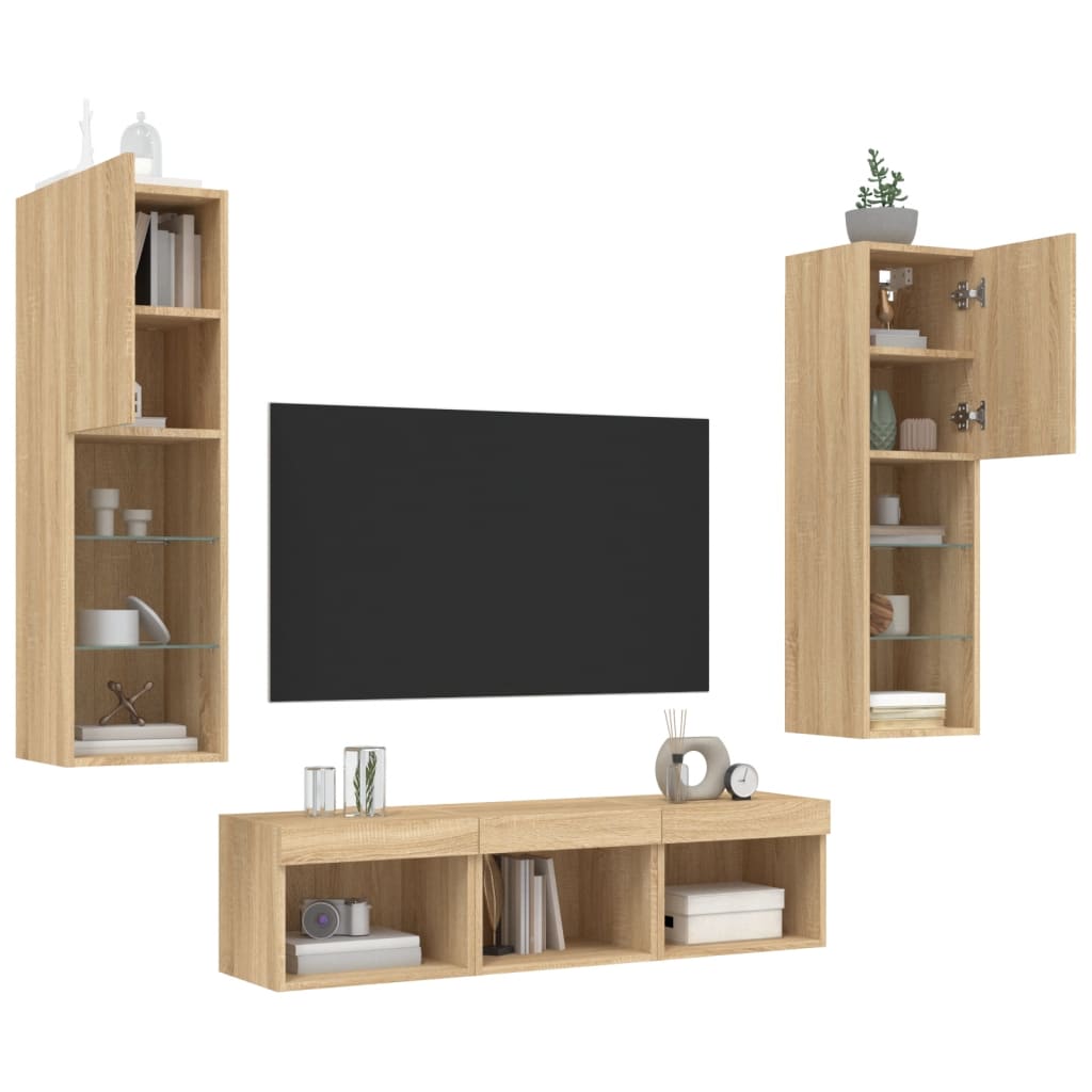 5-tlg. Wohnwand mit LED-Beleuchtung Weiß Holzwerkstoff
