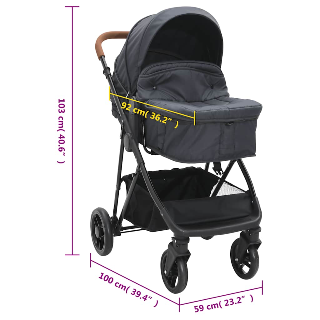 3-in-1 Kinderwagen Hellgrau und Schwarz Stahl