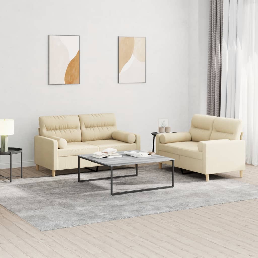 3-tlg. Sofagarnitur mit Kissen Creme Stoff