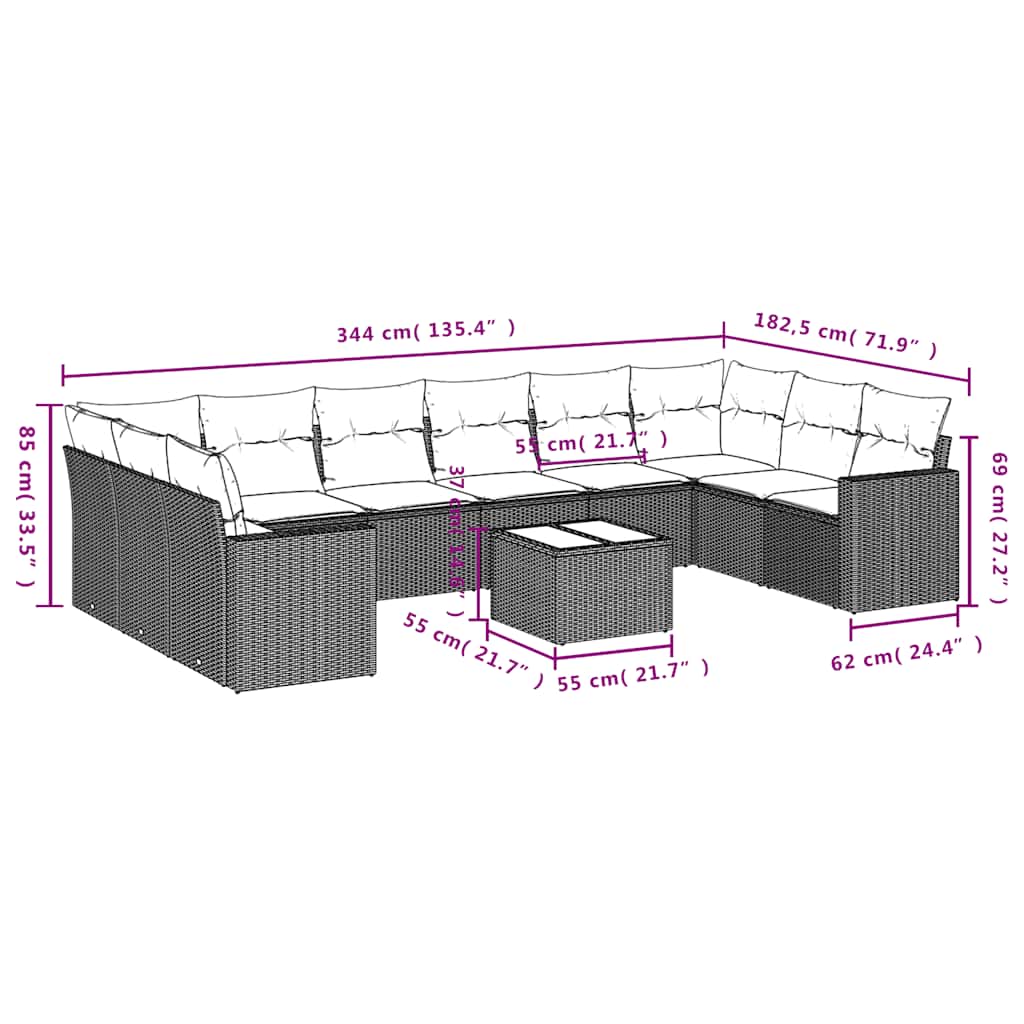 10-tlg. Garten-Sofagarnitur mit Kissen Schwarz Poly Rattan