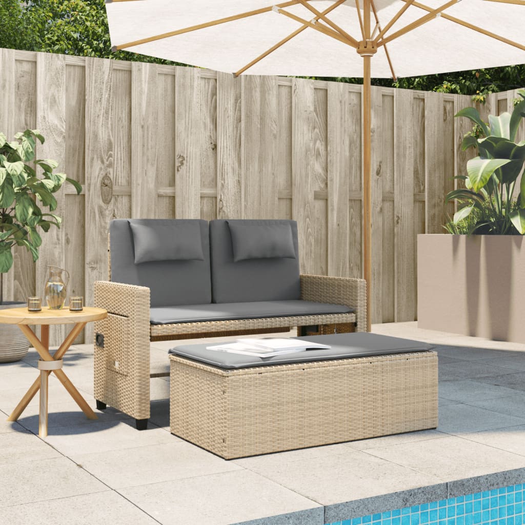 Gartenbank Verstellbar mit Kissen Schwarz Poly Rattan