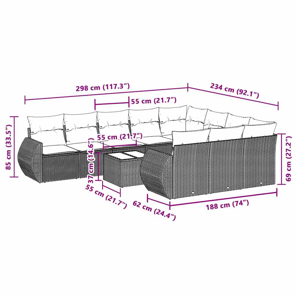 10-tlg. Garten-Sofagarnitur mit Kissen Schwarz Poly Rattan