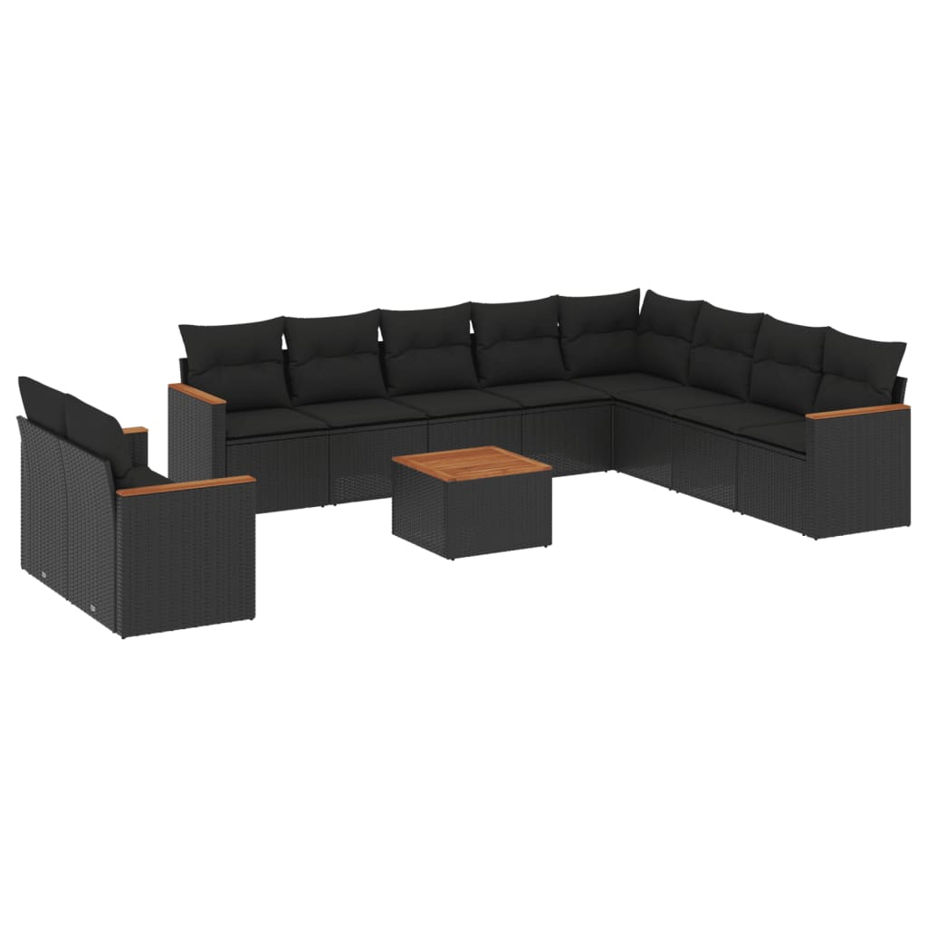 10-tlg. Garten-Sofagarnitur mit Kissen Schwarz Poly Rattan