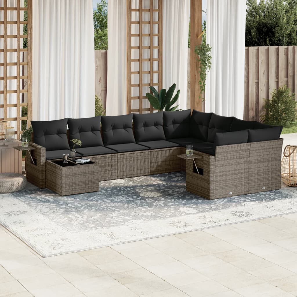 10-tlg. Garten-Sofagarnitur mit Kissen Schwarz Poly Rattan