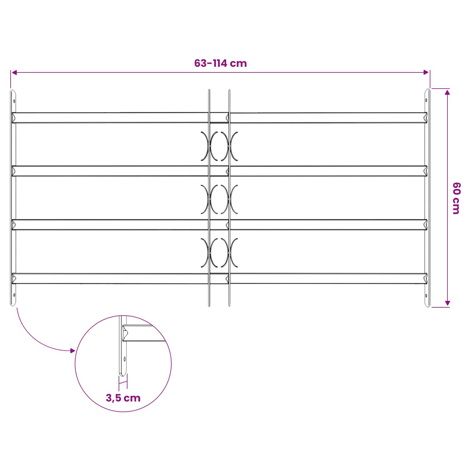 Fenstergitter Verstellbar mit 3 Querstäben 500-650 mm