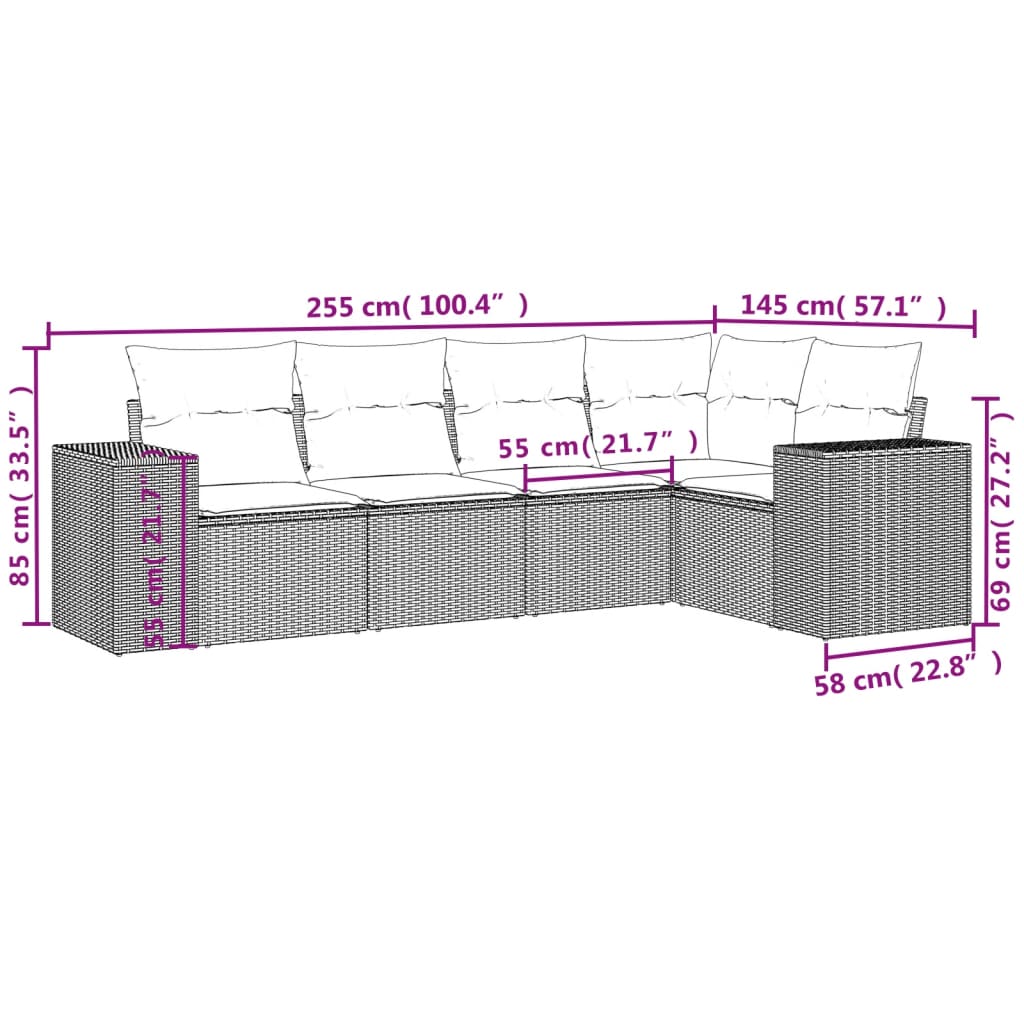 5-teiliges Gartensofa-Set mit Kissen, schwarzes Polyrattan