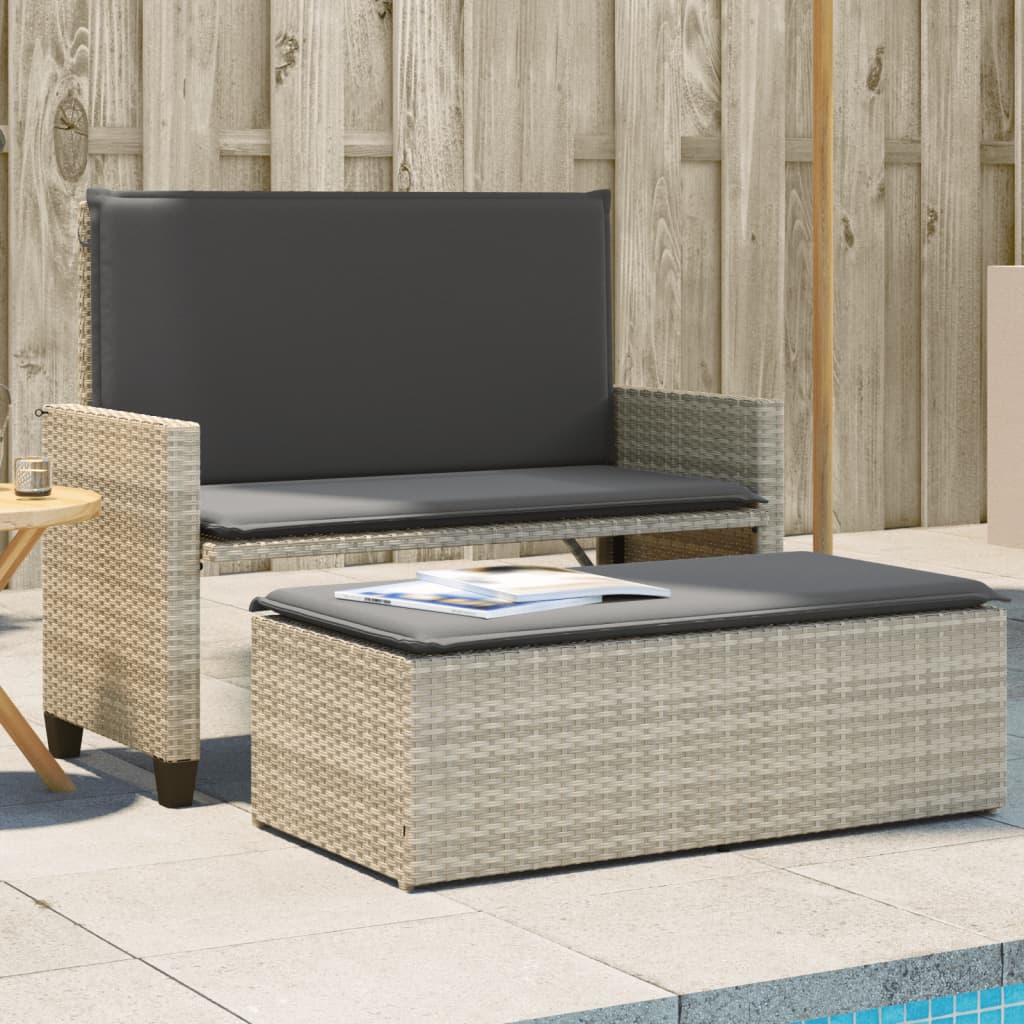 Gartenbank mit Kissen und Hocker Schwarz Poly Rattan