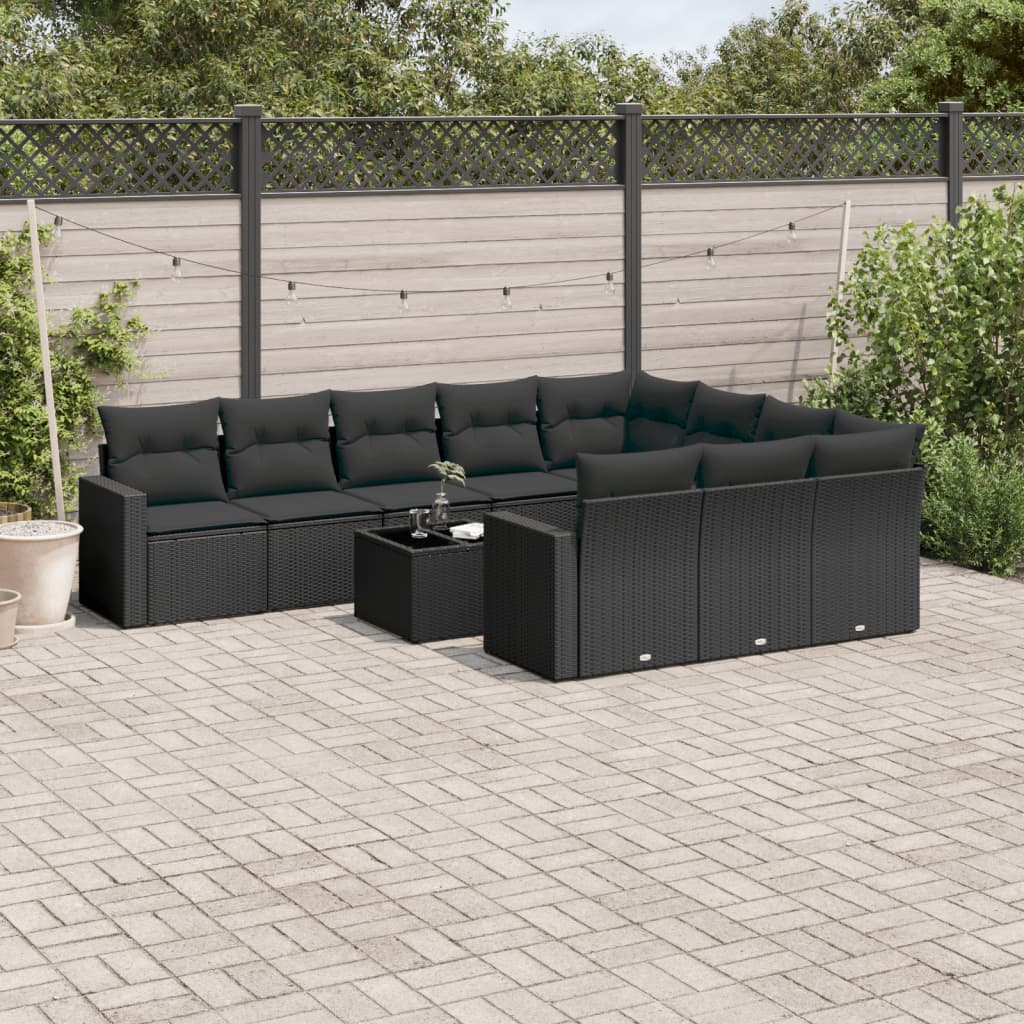10-tlg. Garten-Sofagarnitur mit Kissen Schwarz Poly Rattan