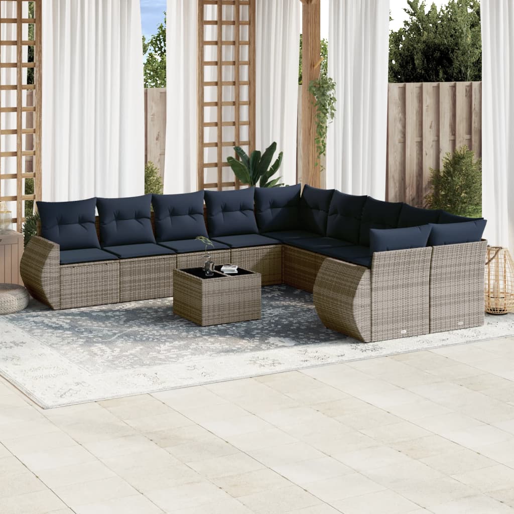 10-teiliges Gartensofa-Set mit Kissen, schwarzes Polyrattan