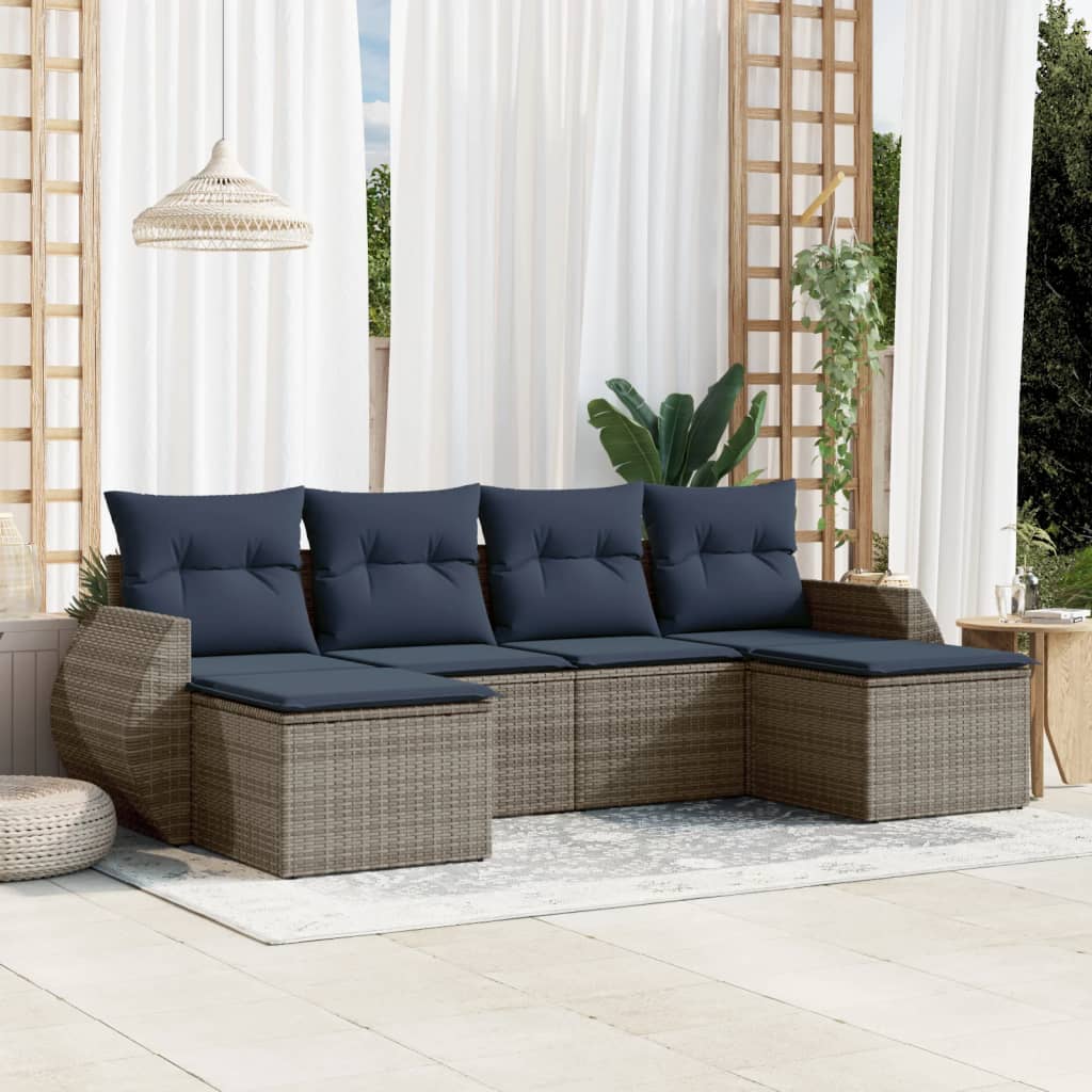 6-teiliges Gartensofa-Set mit Kissen, schwarzes Polyrattan