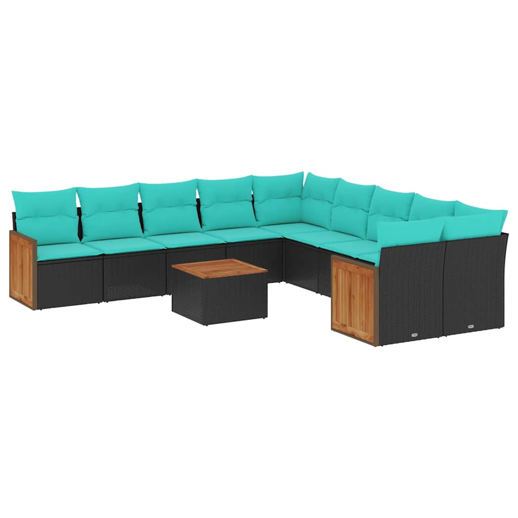 10-teiliges Gartensofa-Set mit Kissen, schwarzes Polyrattan