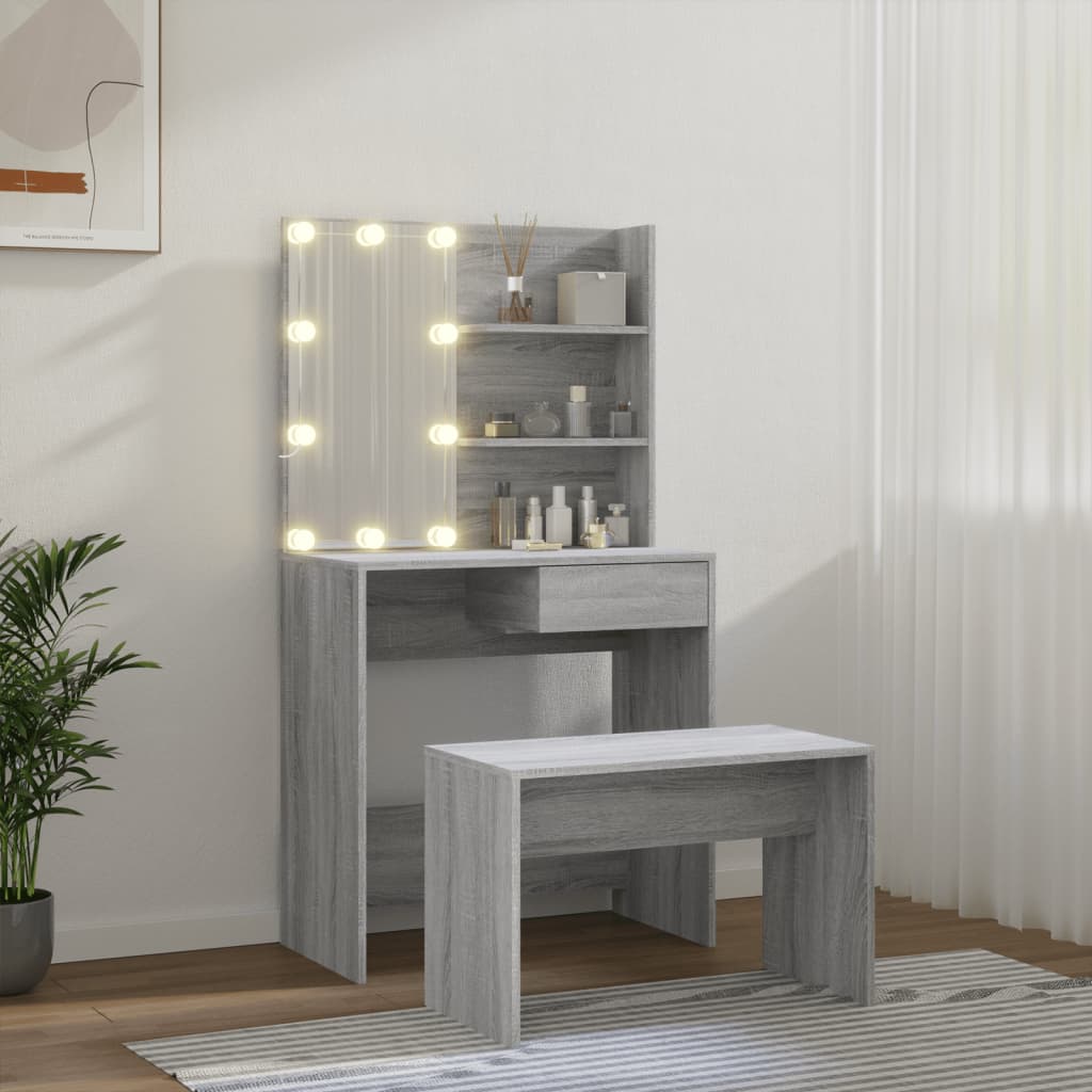 Schminktisch-Set mit LED Weiß Holzwerkstoff
