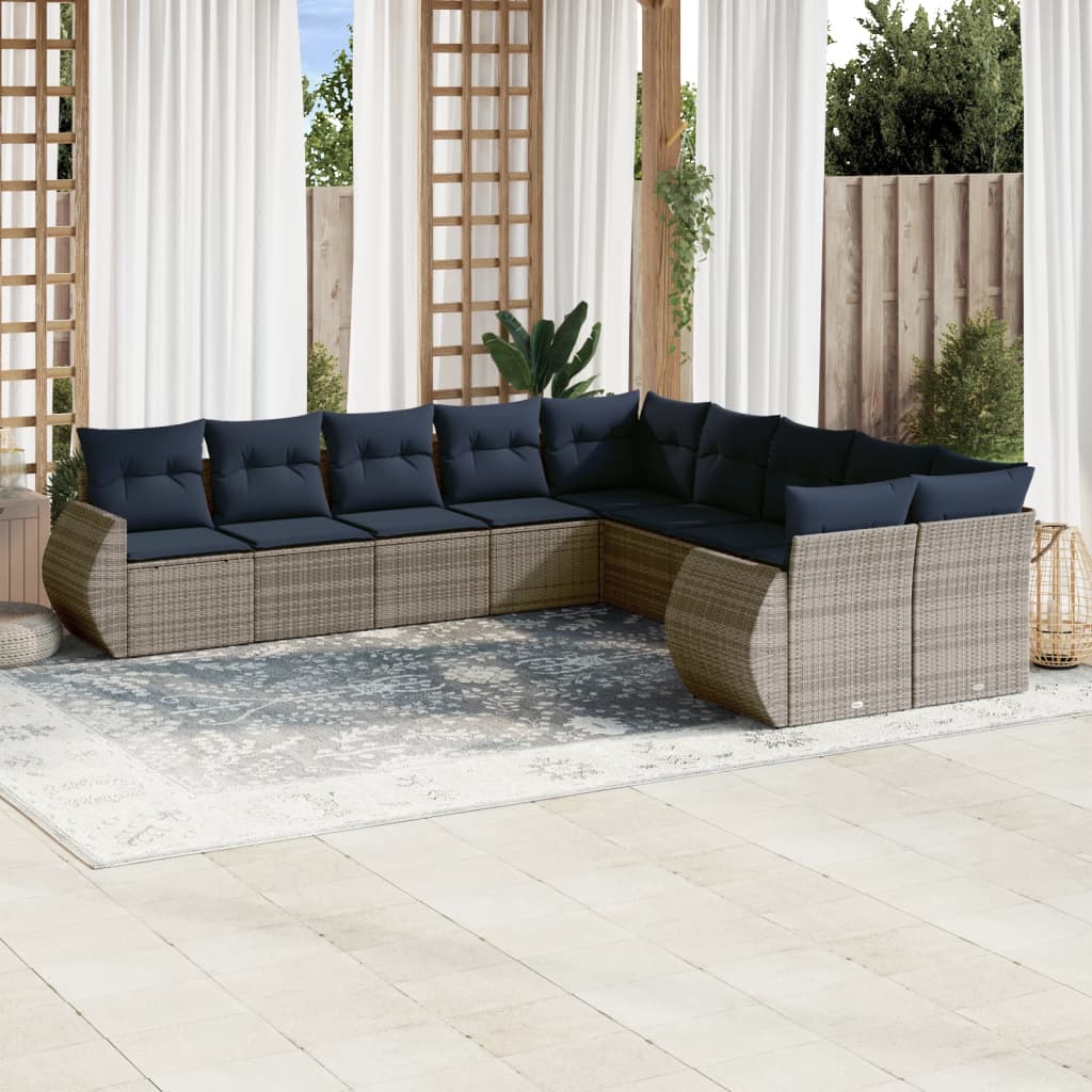 10-teiliges Gartensofa-Set mit Kissen, schwarzes Polyrattan