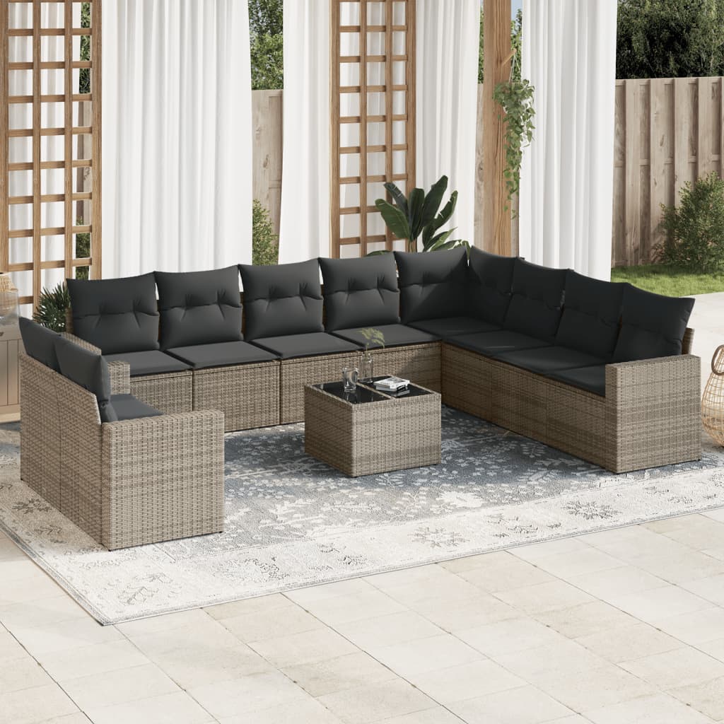 10-tlg. Garten-Sofagarnitur mit Kissen Schwarz Poly Rattan