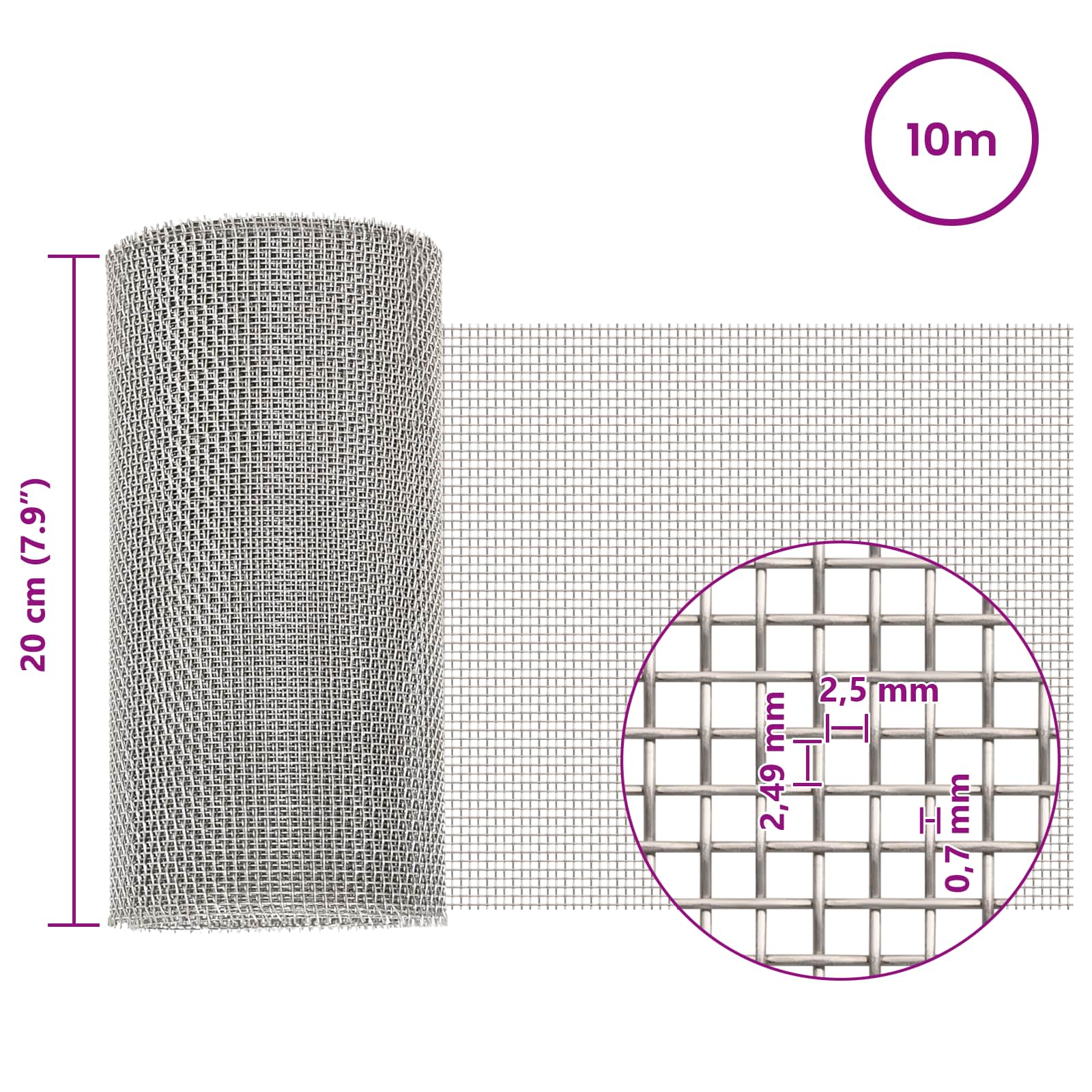 Mesh Bildschirm 20 x 500 cm 20 Mesh Edelstahl 201 Silber