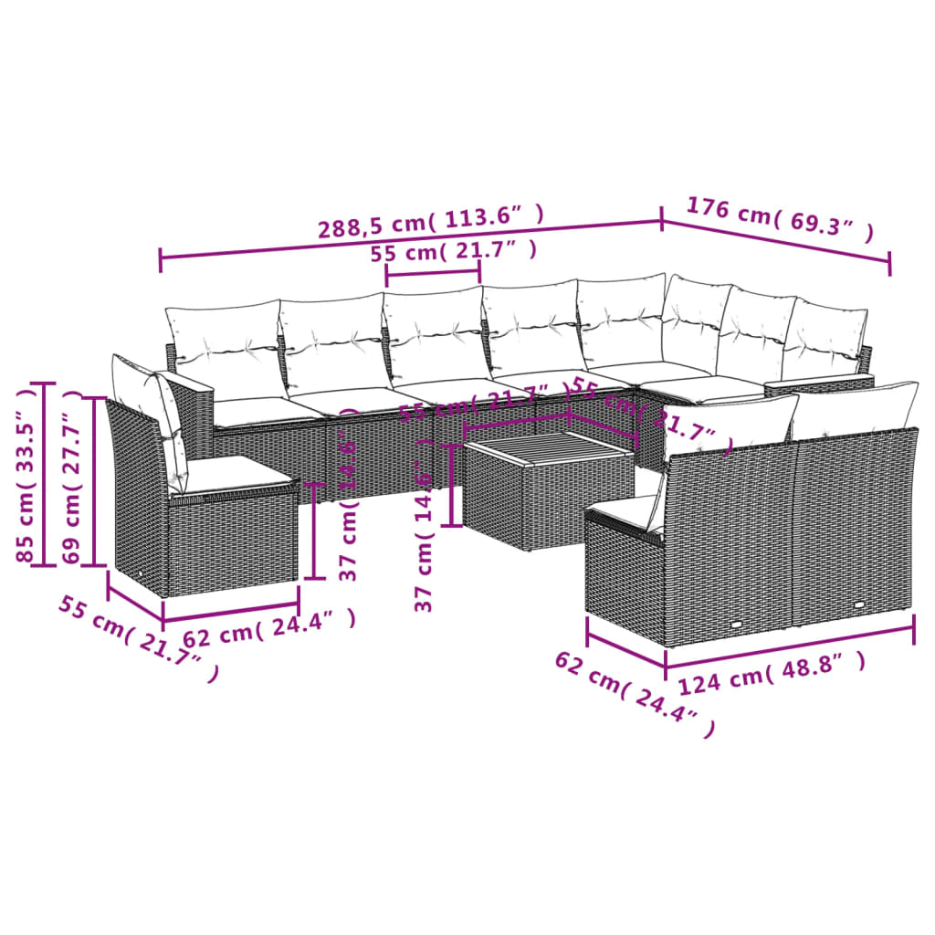 10-teiliges Gartensofa-Set mit Kissen, schwarzes Polyrattan