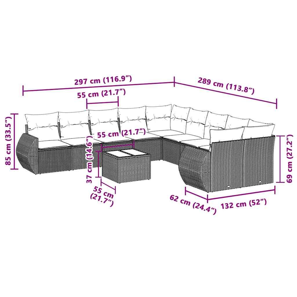10-tlg. Garten-Sofagarnitur mit Kissen Schwarz Poly Rattan