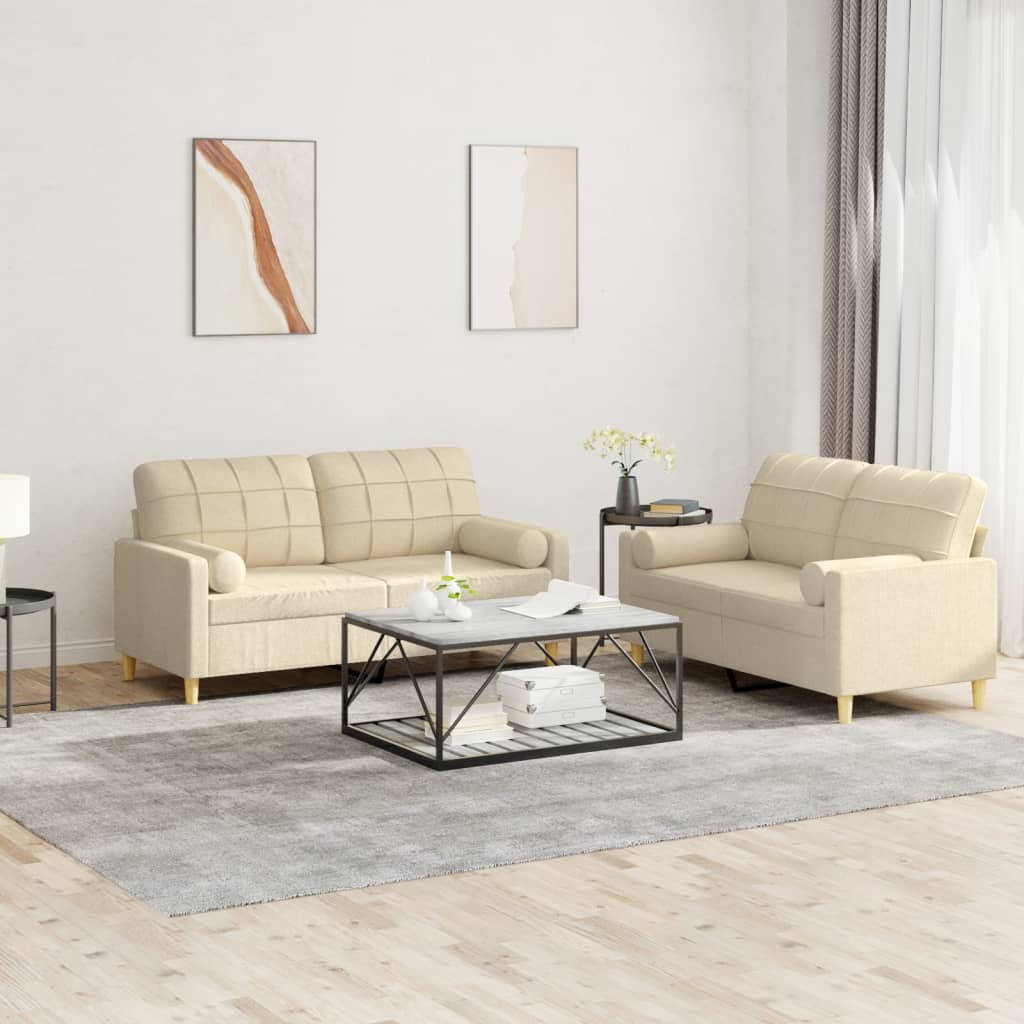 3-tlg. Sofagarnitur mit Kissen Creme Stoff