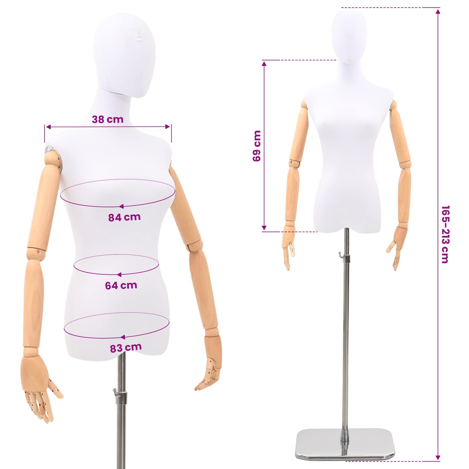 Verstellbare Mannequin 165-213 cm mit Fuß Weiblich PP Weiß
