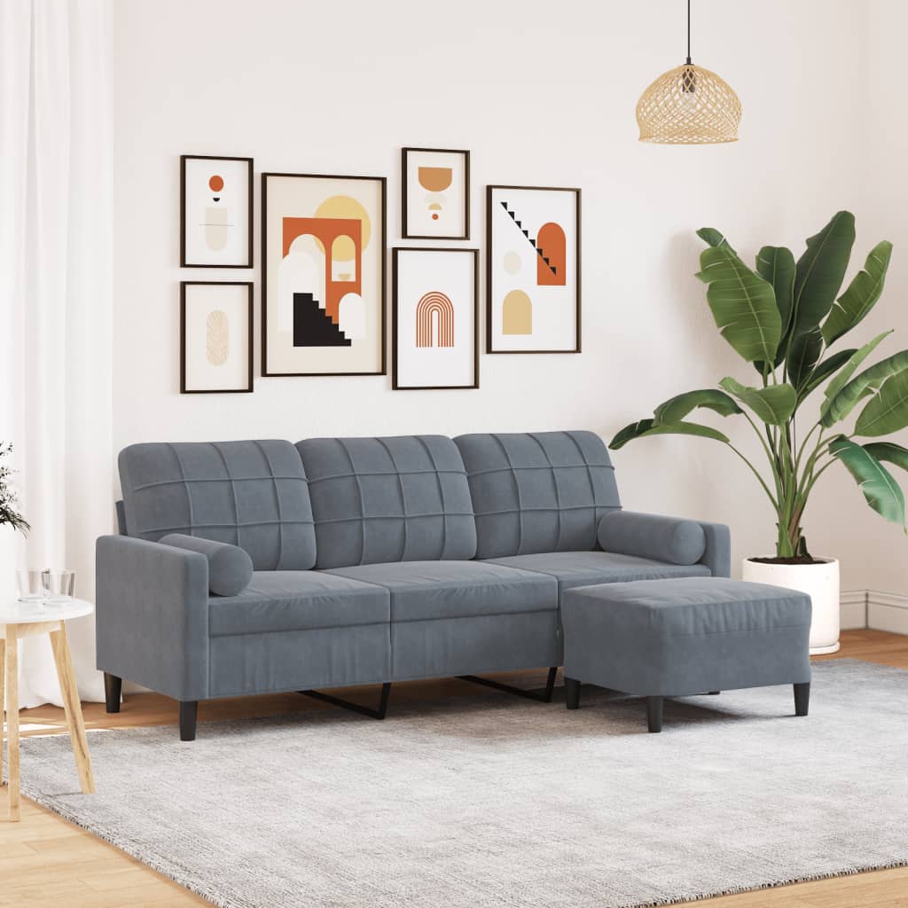3-Sitzer-Sofa mit Hocker Hellgrau 180 cm Samt