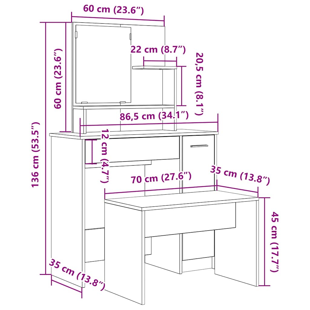 Schminktisch-Set Weiß 86,5x35x136 cm