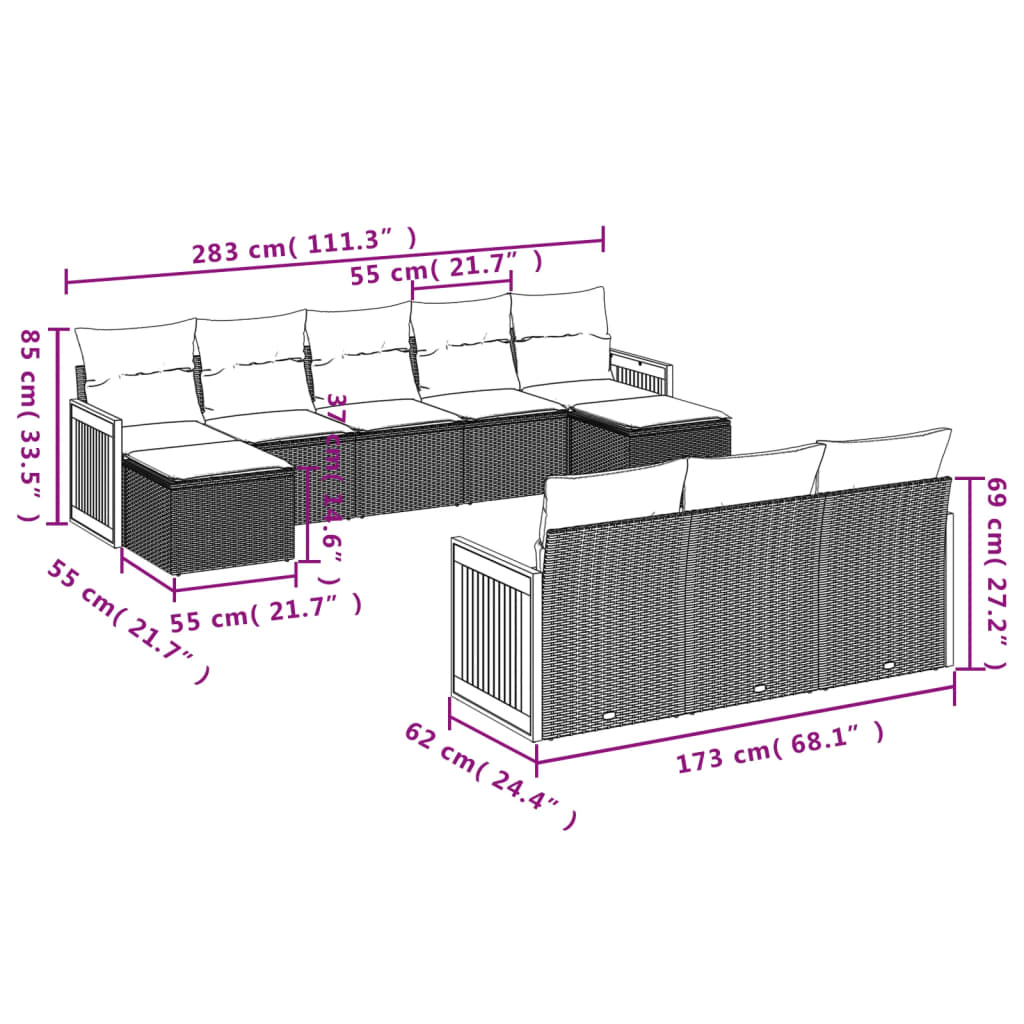 10-teiliges Gartensofa-Set mit Kissen, schwarzes Polyrattan