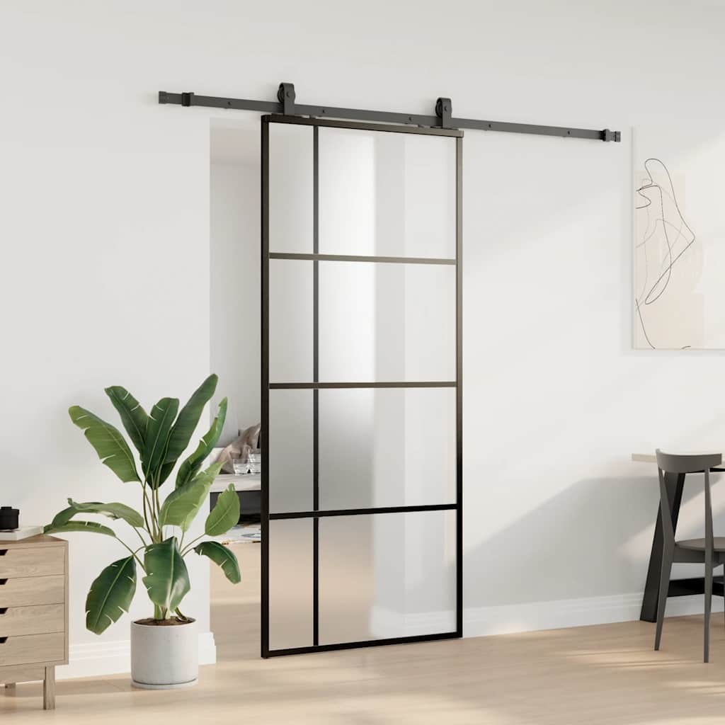 Schiebetür mit Beschlag Schwarz 76x205 cm ESG-Glas