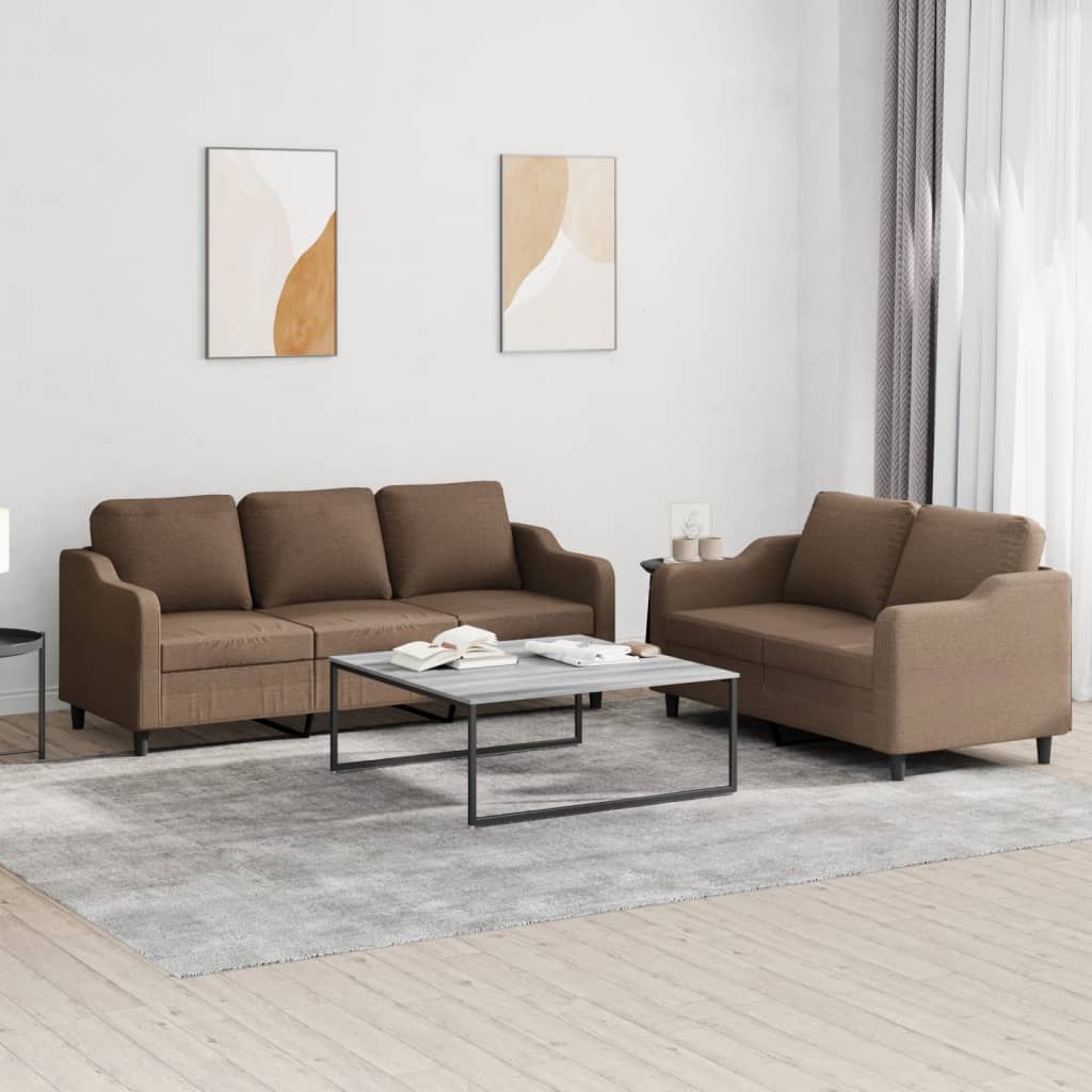 3-tlg. Sofagarnitur mit Kissen Braun Stoff