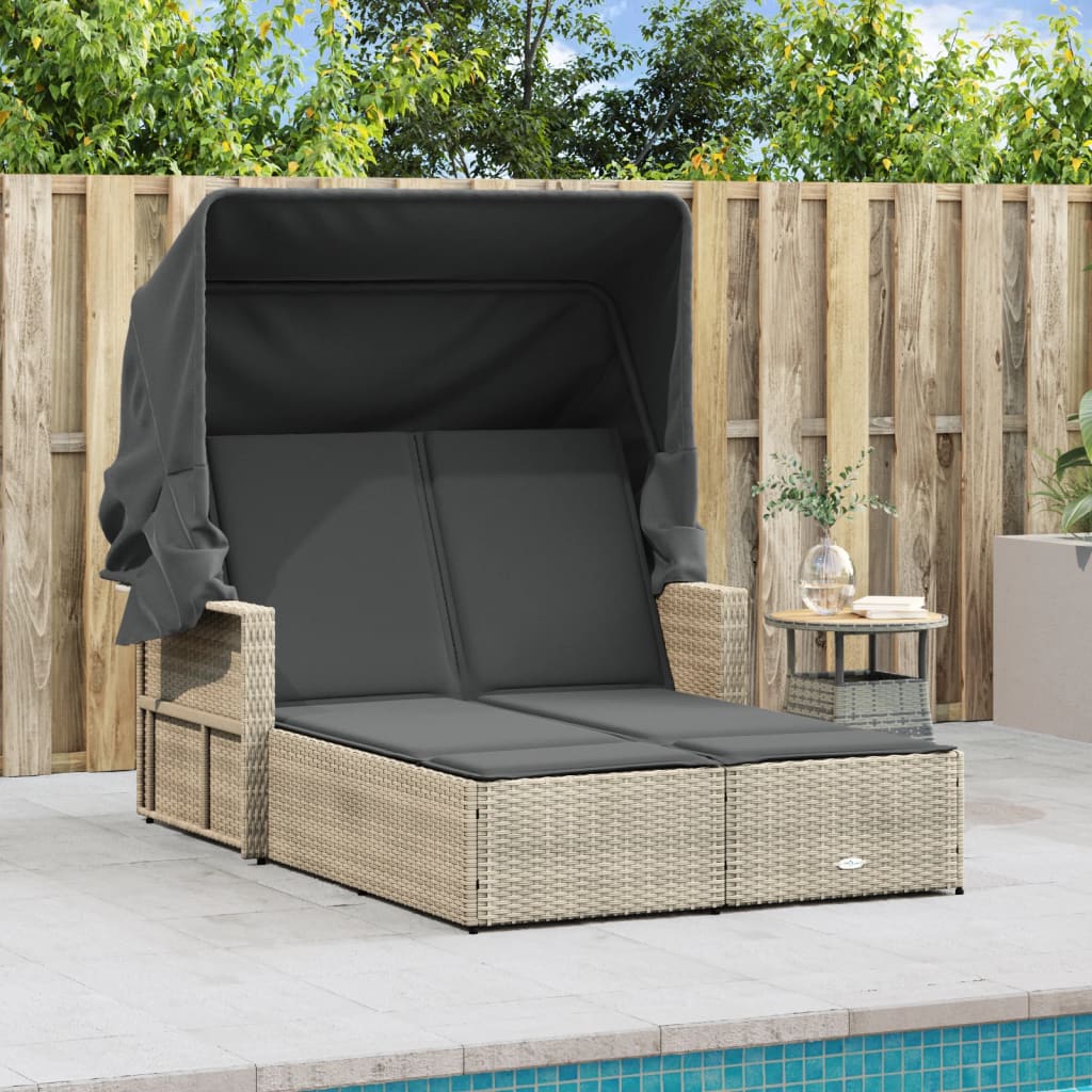 Doppel-Sonnenliege mit Dach und Auflagen Schwarz Poly Rattan