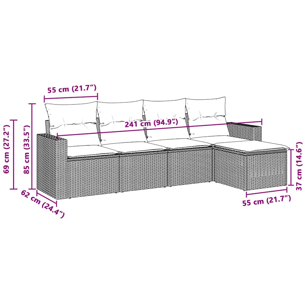 5-tlg. Garten-Sofagarnitur mit Kissen Schwarz Poly Rattan